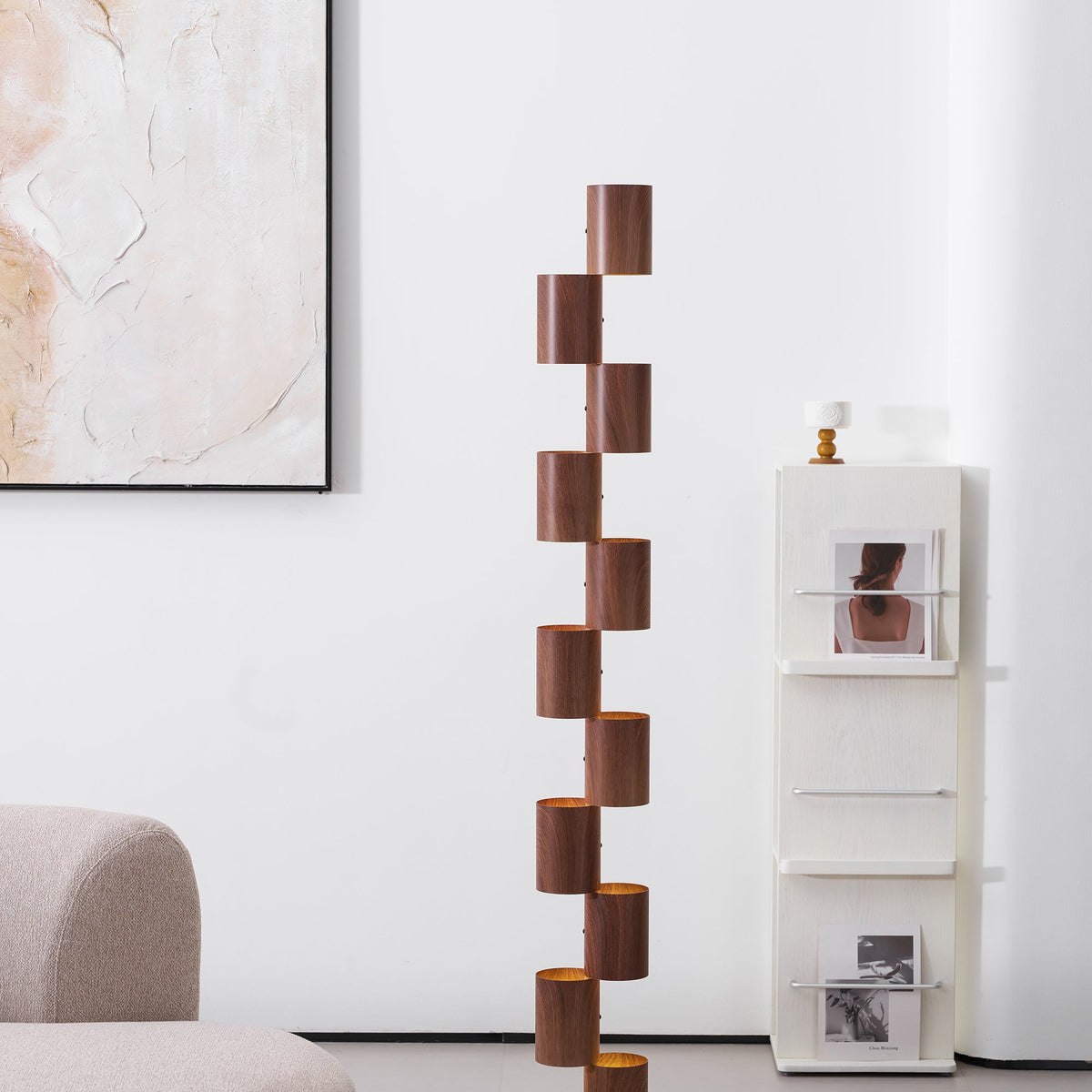 Sculptural Stacked Wood Tower Floor Lamp with Warm Ambient LED Glow