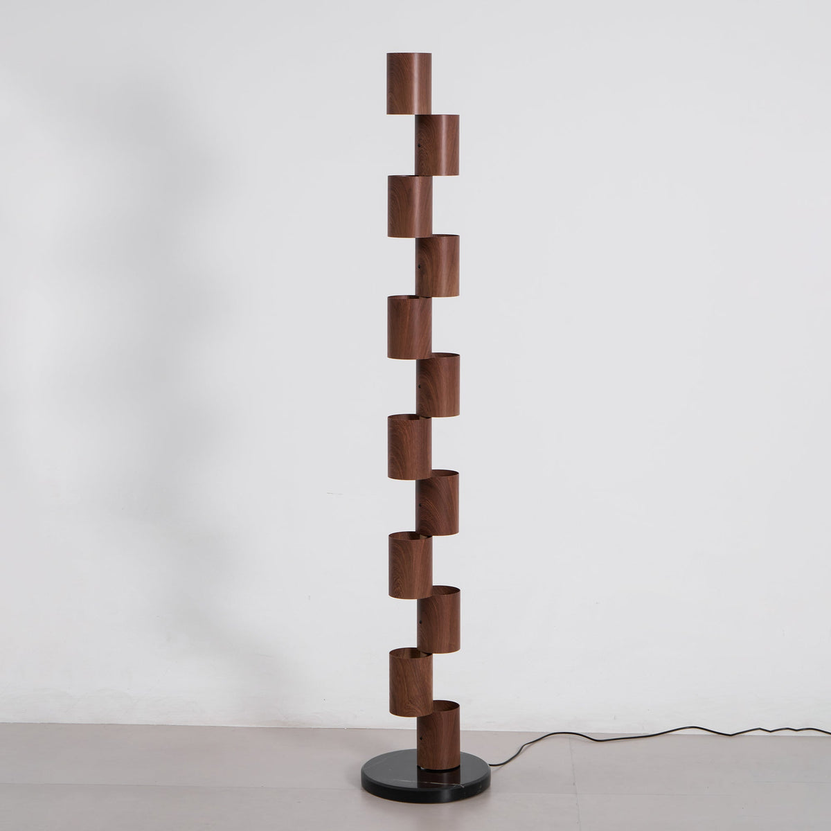 Sculptural Stacked Wood Tower Floor Lamp with Warm Ambient LED Glow