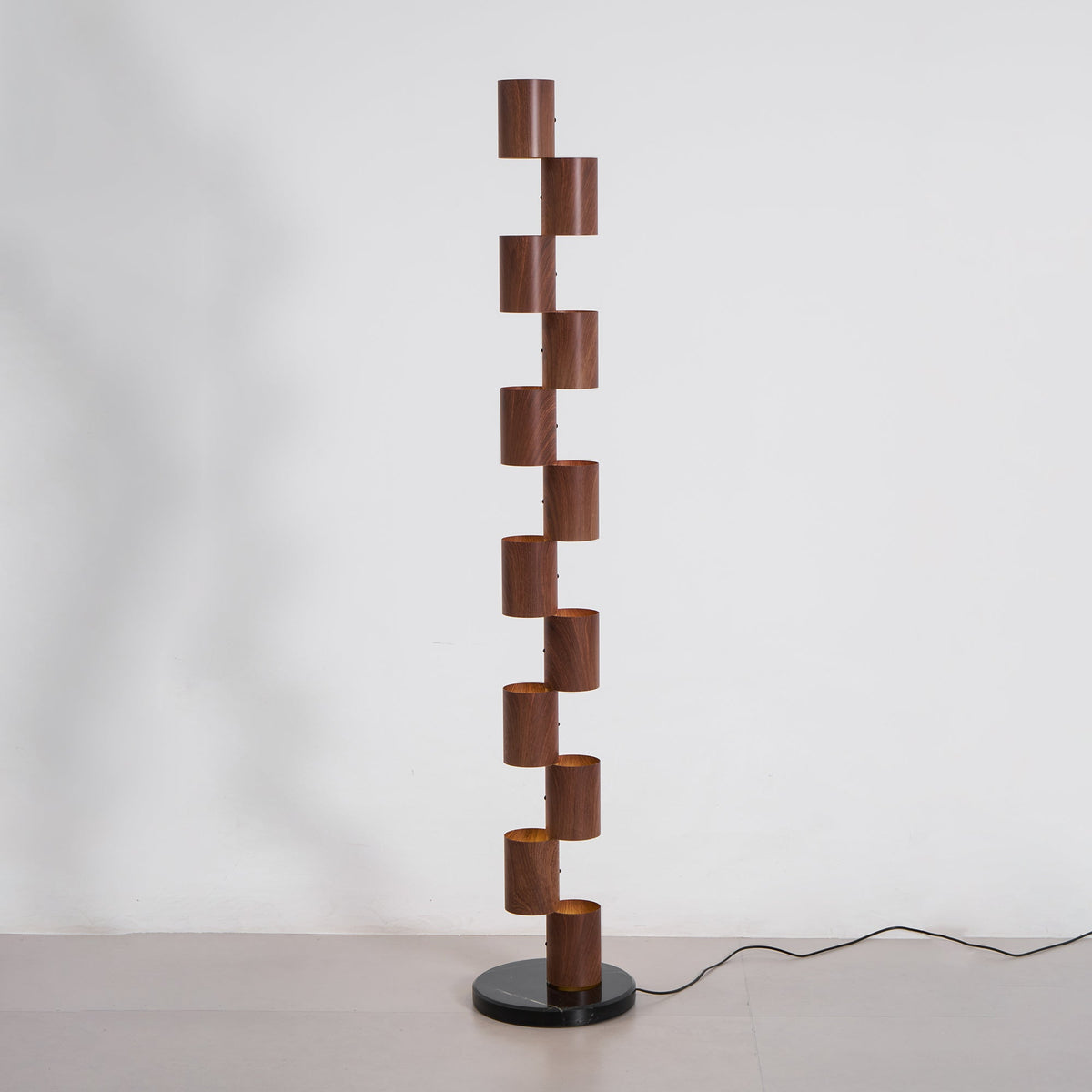 Sculptural Stacked Wood Tower Floor Lamp with Warm Ambient LED Glow