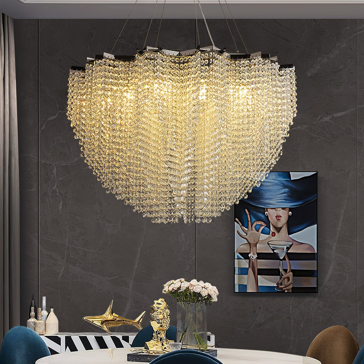Stalizi Crystal Chandelier – Modern Cascading Waterfall Light for Dining Room and Living Room