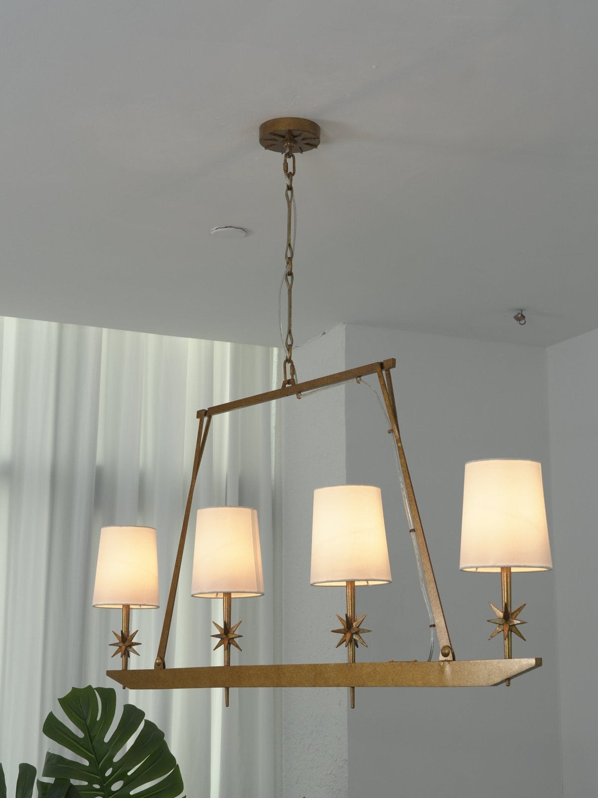 Stellar Frame Linear Chandelier in Brass with Fabric Shades