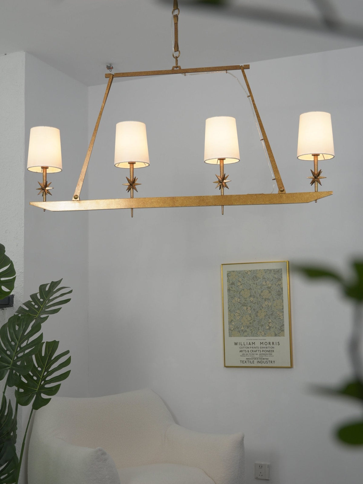 Stellar Frame Linear Chandelier in Brass with Fabric Shades