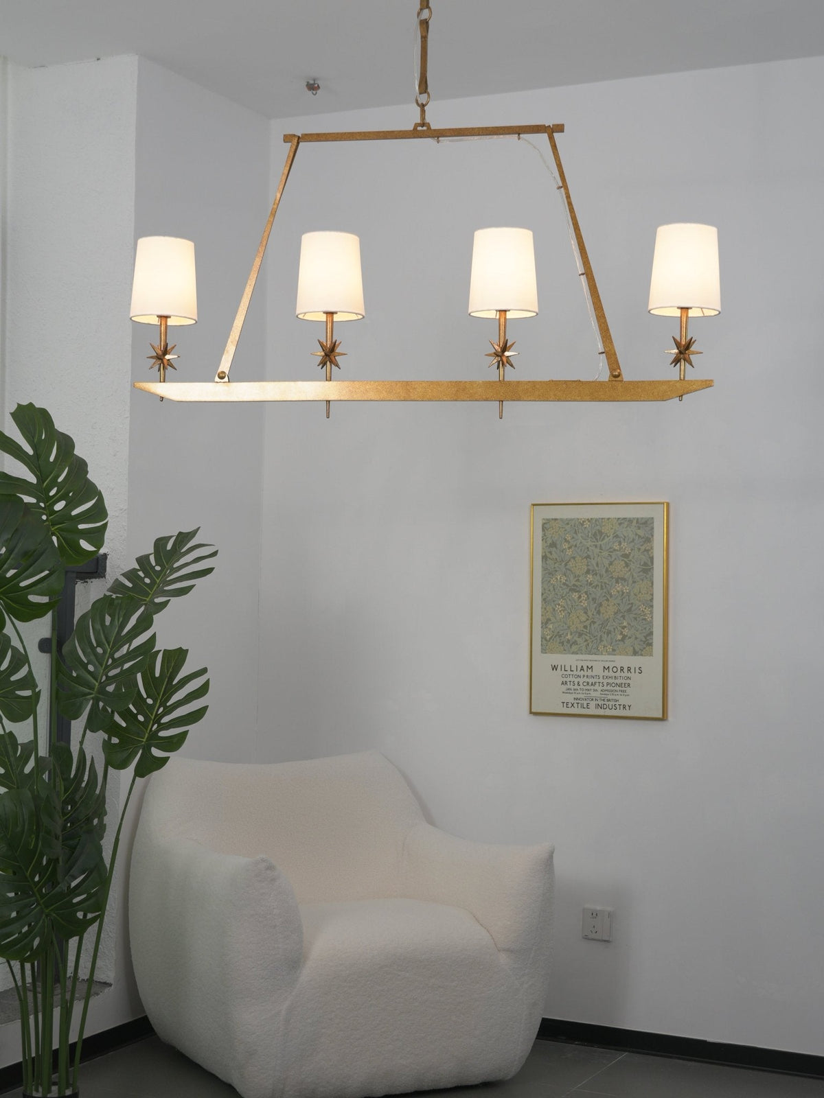 Stellar Frame Linear Chandelier in Brass with Fabric Shades