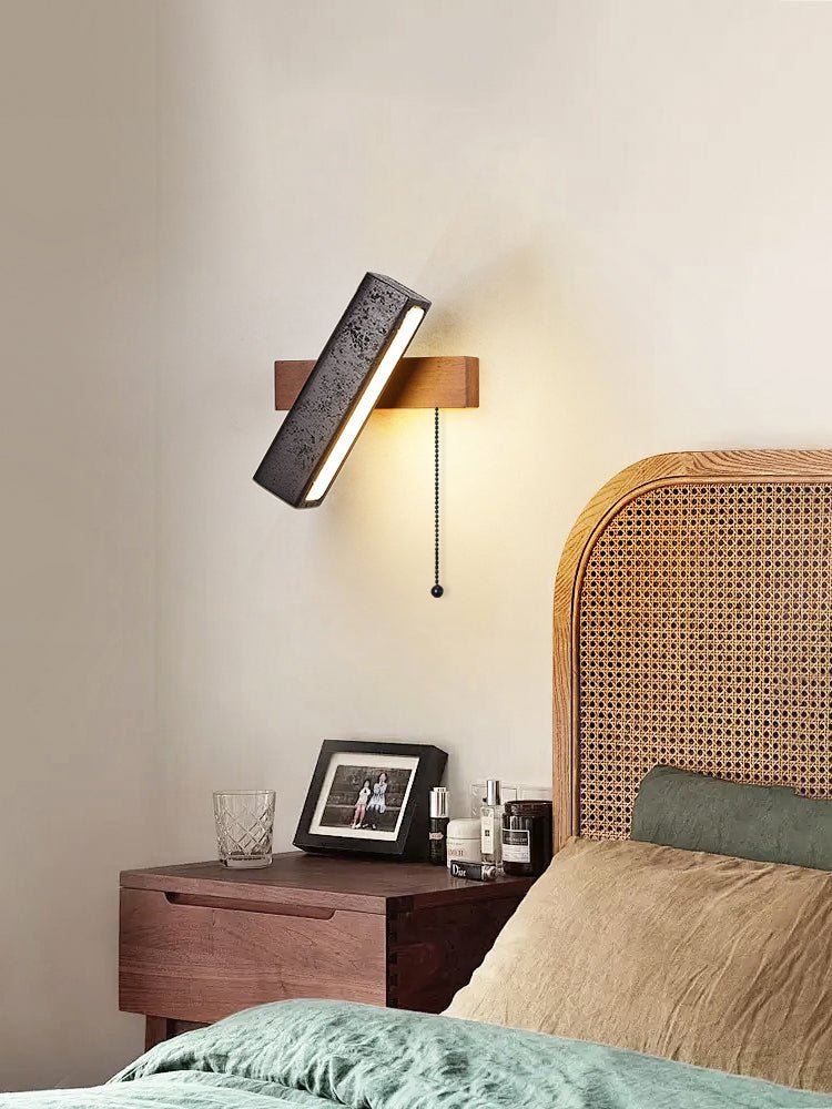 Stellar Pivot Sconce — Black Travertine & Walnut LED Wall Light