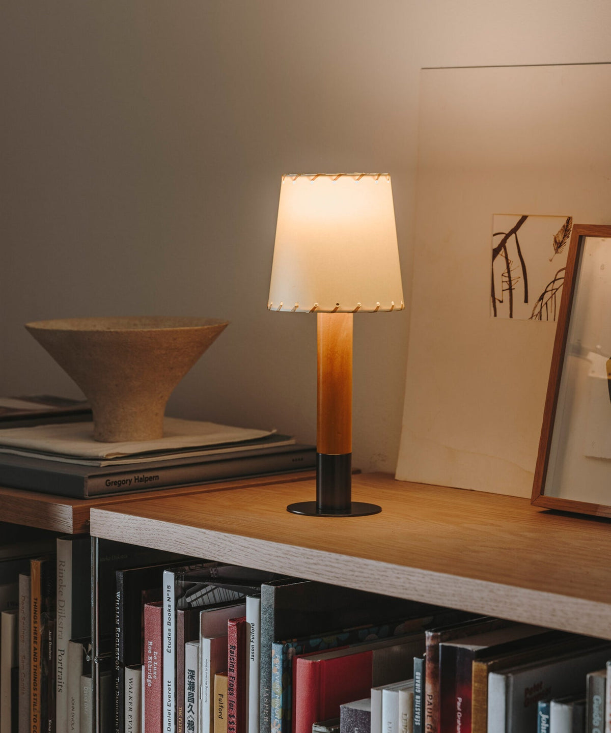 Stitched Table Lamp with Natural Parchment Shade and Wooden Base