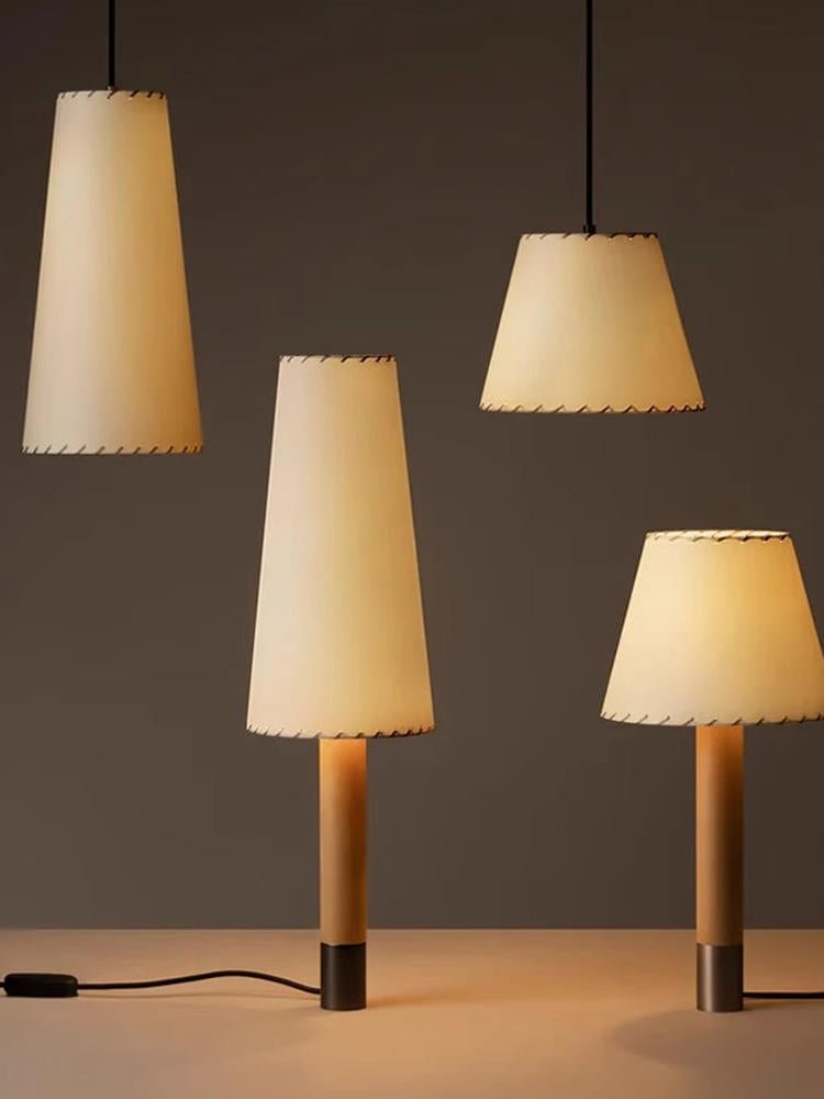 Stitched Table Lamp with Natural Parchment Shade and Wooden Base