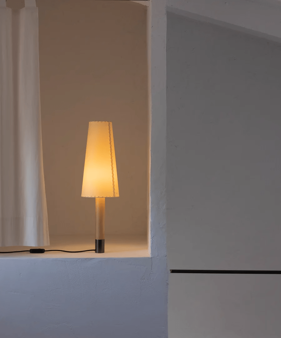 Stitched Table Lamp with Natural Parchment Shade and Wooden Base