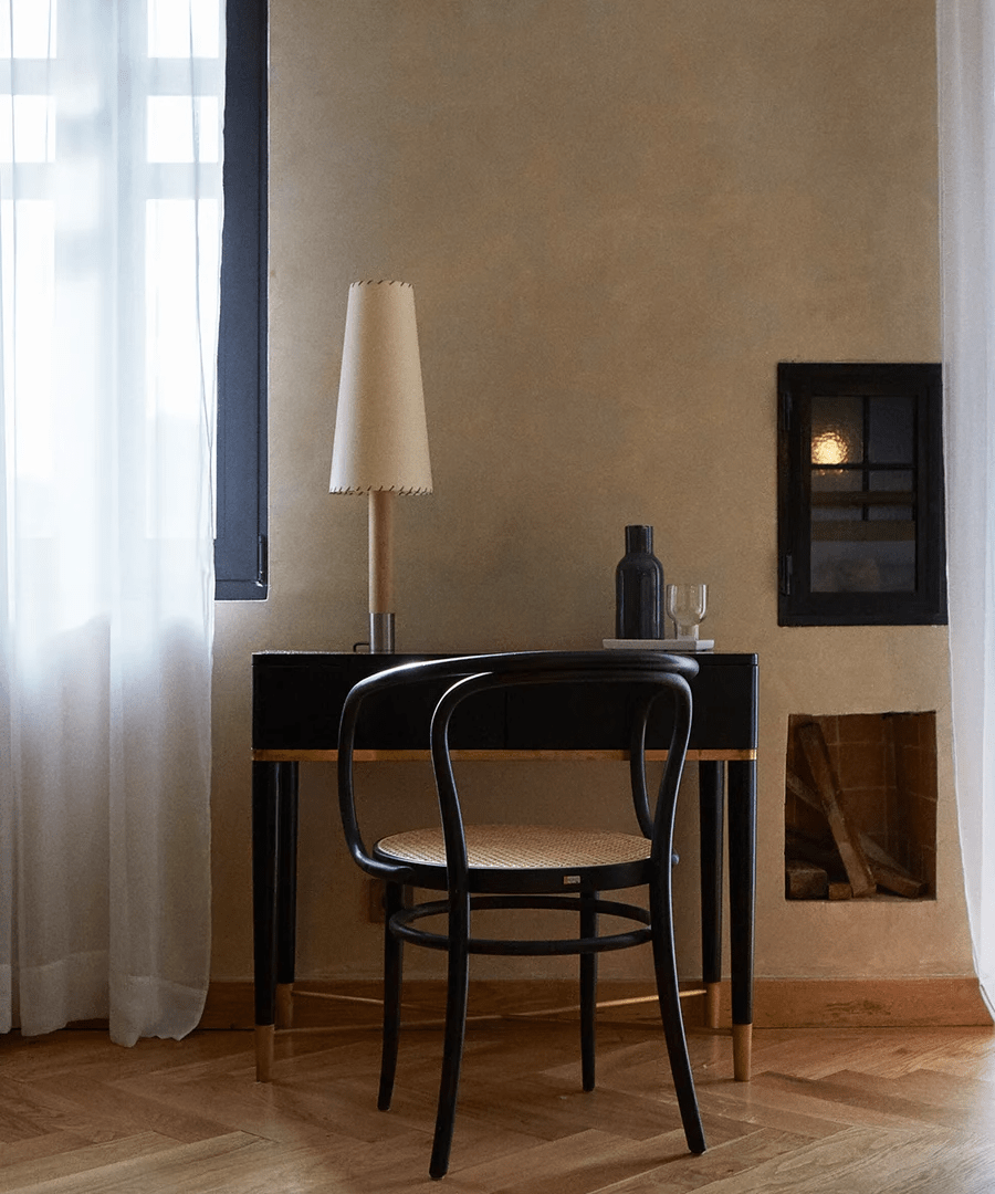 Stitched Table Lamp with Natural Parchment Shade and Wooden Base