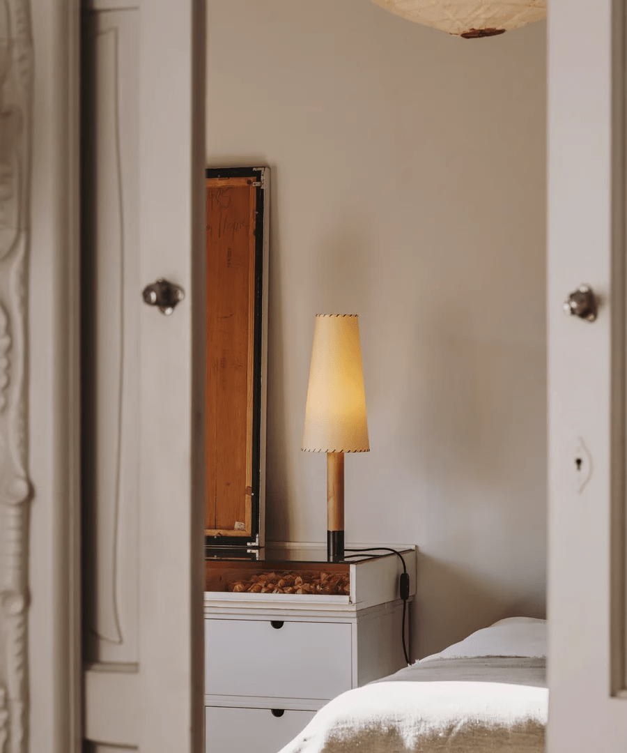 Stitched Table Lamp with Natural Parchment Shade and Wooden Base