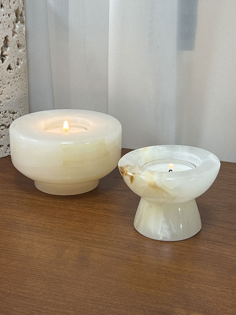 Stone Halo Candle Holder Set – Natural Marble, Jade & Travertine Tabletop Accents