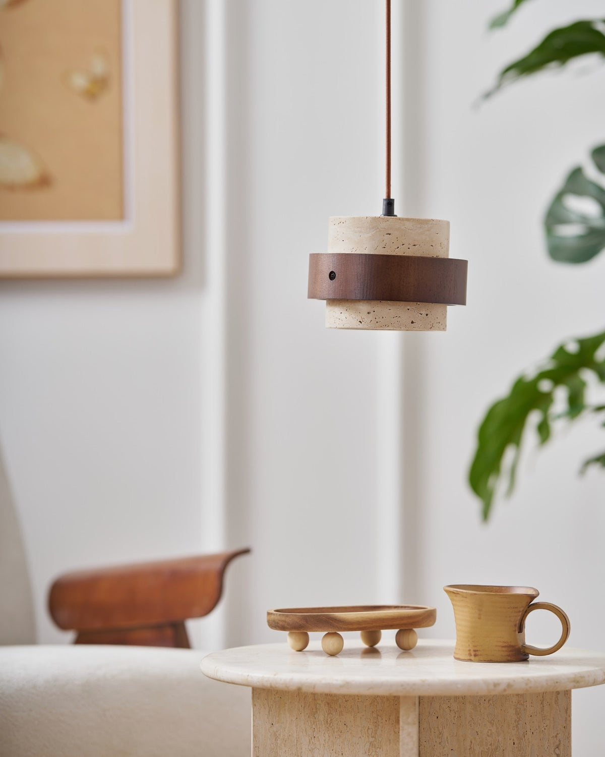 Stonova Pendant Light in Travertine and Walnut — Plug-In Swag Lamp
