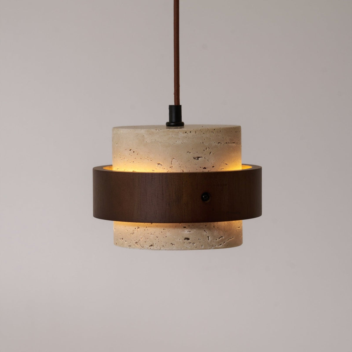 Stonova Pendant Light in Travertine and Walnut — Plug-In Swag Lamp