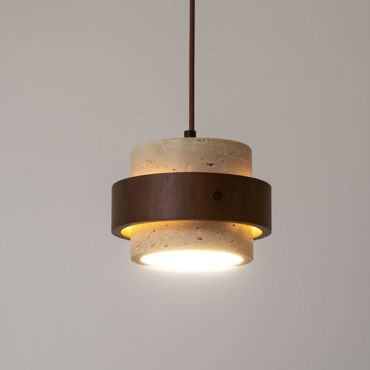 Stonova Pendant Light in Travertine and Walnut — Plug-In Swag Lamp