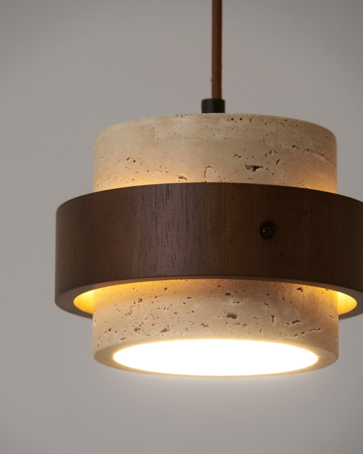 Stonova Pendant Light in Travertine and Walnut — Plug-In Swag Lamp