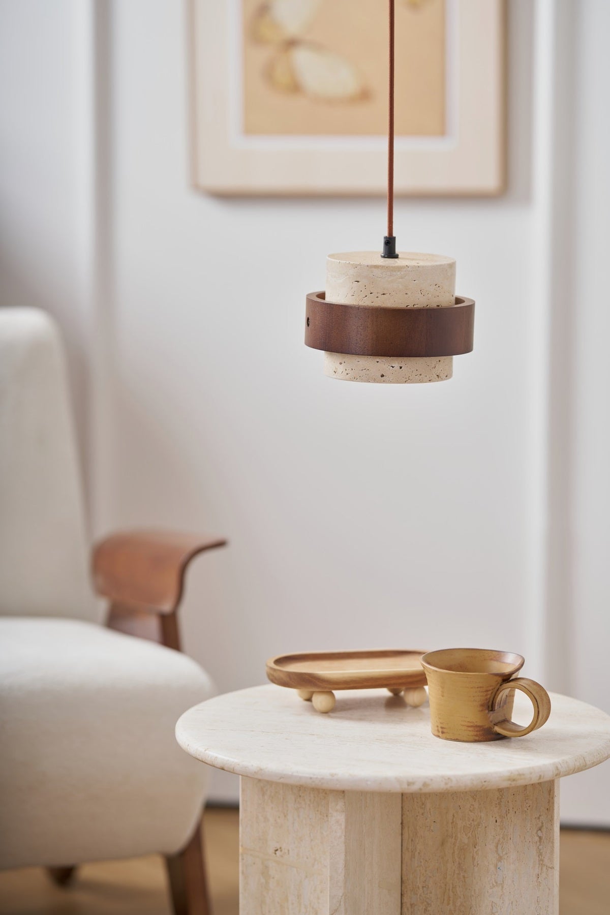 Stonova Pendant Light in Travertine and Walnut — Plug-In Swag Lamp