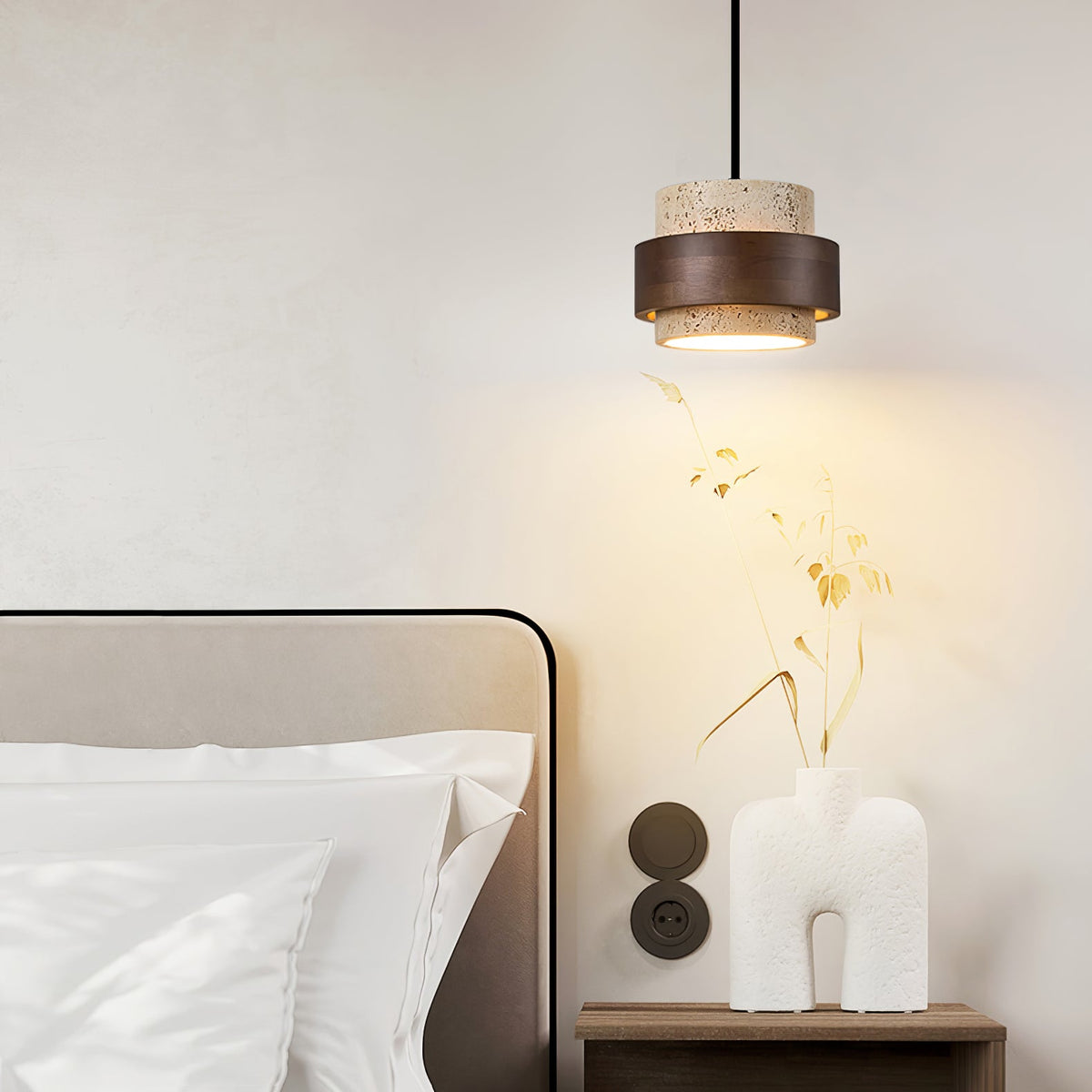 Stonova Pendant Light in Travertine and Walnut — Plug-In Swag Lamp