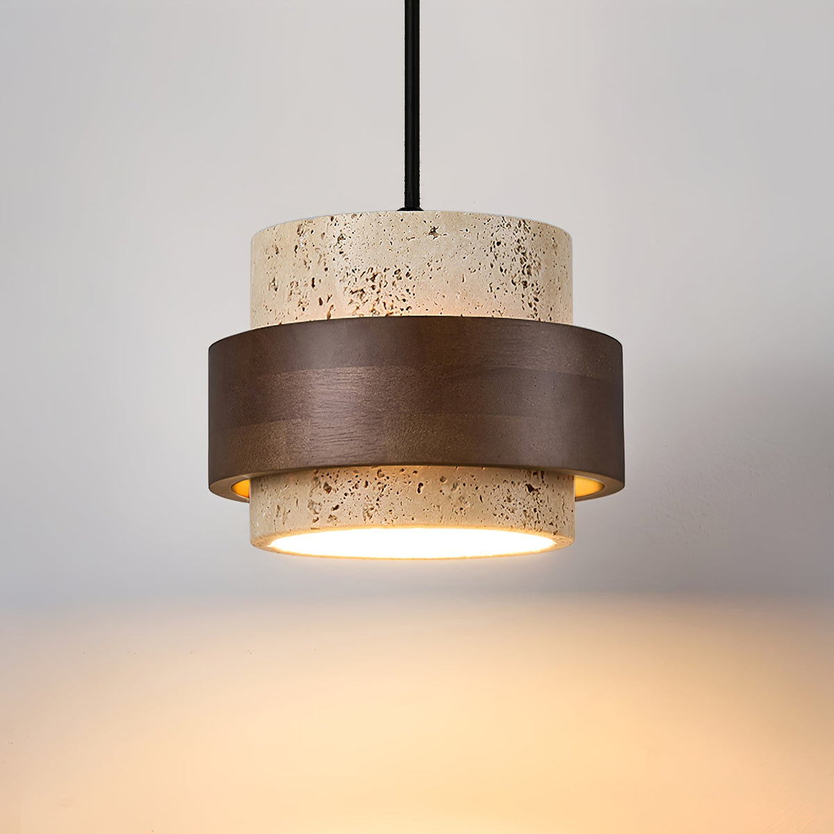 Stonova Pendant Light in Travertine and Walnut — Plug-In Swag Lamp
