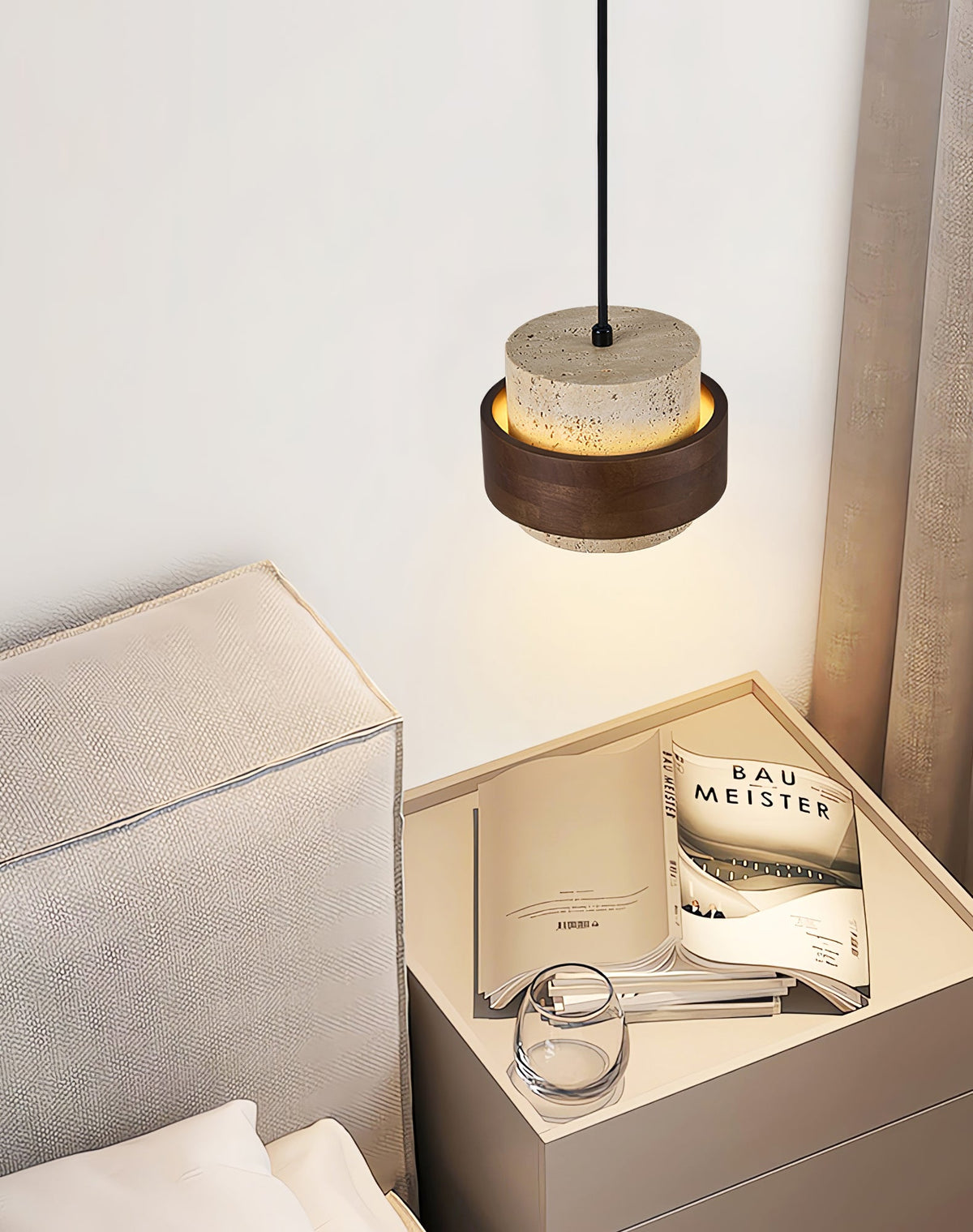 Stonova Pendant Light in Travertine and Walnut — Plug-In Swag Lamp