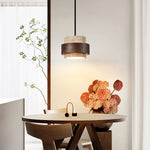 Stonova Pendant Light in Travertine and Walnut — Plug-In Swag Lamp