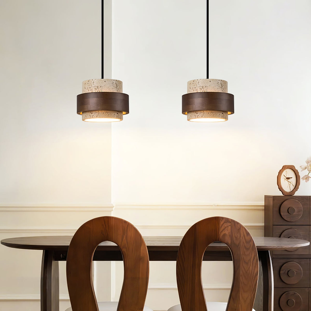 Stonova Pendant Light in Travertine and Walnut — Plug-In Swag Lamp