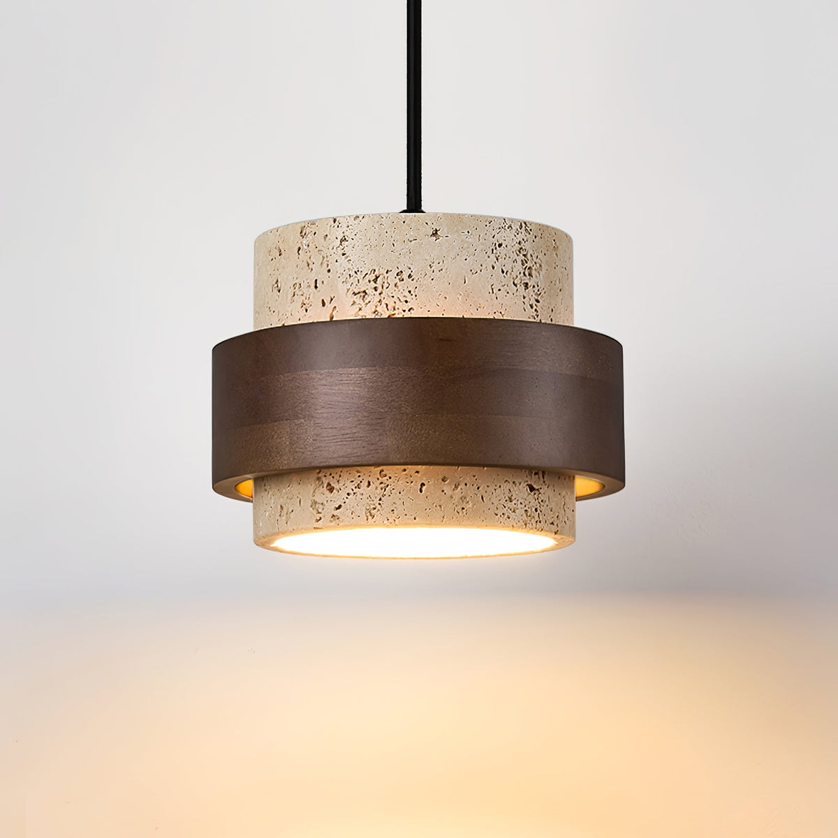 Stonova Pendant Light in Travertine and Walnut — Plug-In Swag Lamp