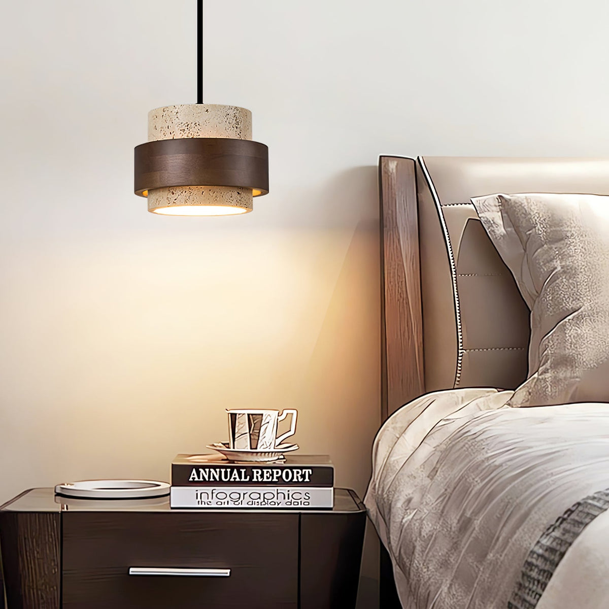 Stonova Pendant Light in Travertine and Walnut — Plug-In Swag Lamp