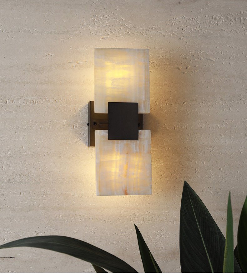 Strata Shift Alabaster Wall Sconce in Black Metal