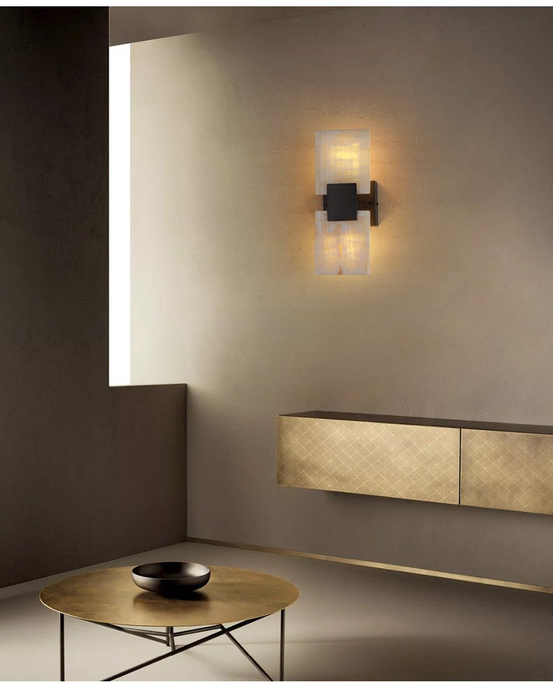 Strata Shift Alabaster Wall Sconce in Black Metal