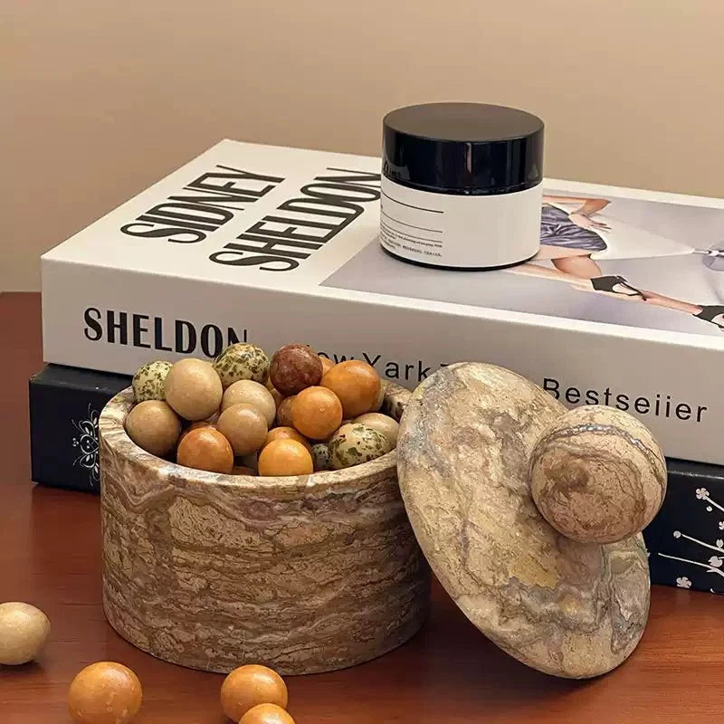 Strata Sphere Natural Marble Storage Box with Sculptural Lid