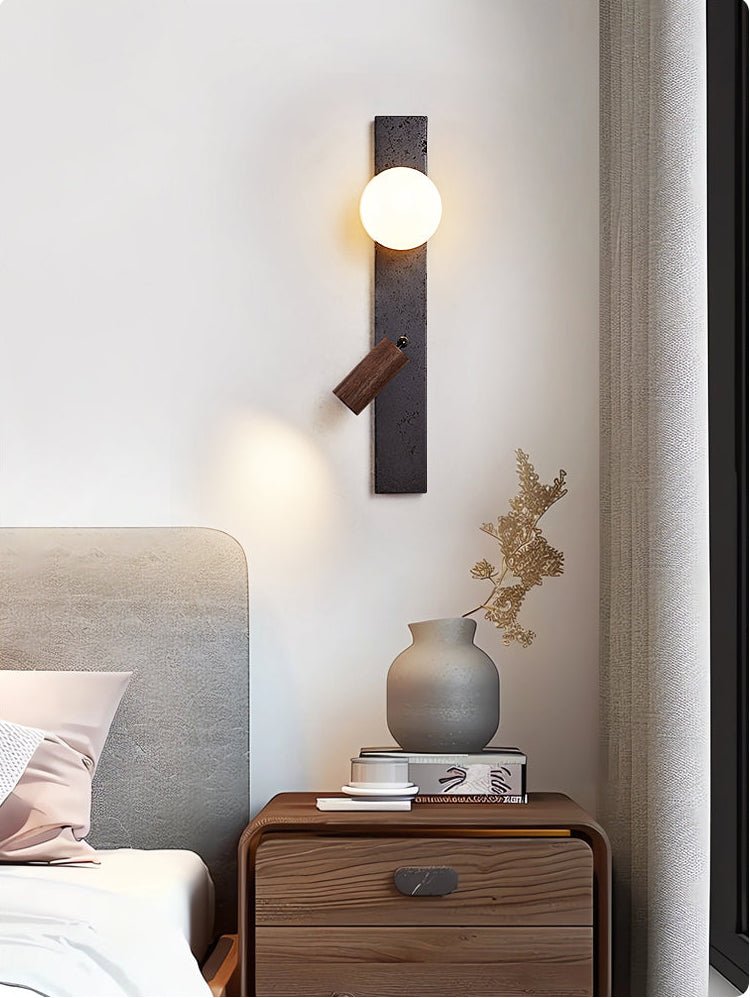 Strato Beam Wall Sconce in Black Travertine and Walnut with Opal Glass