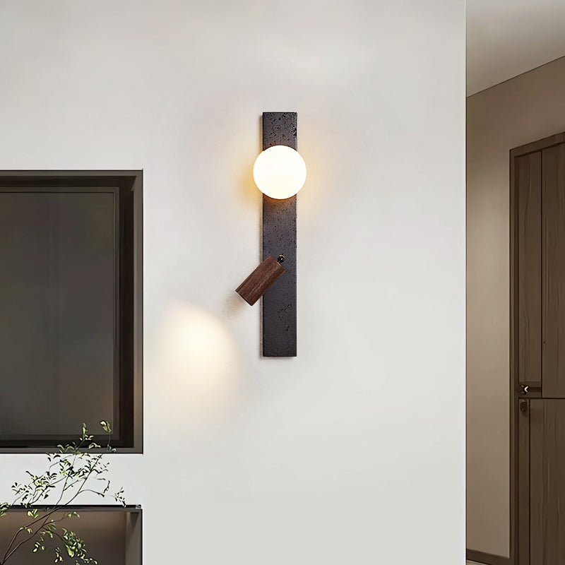 Strato Beam Wall Sconce in Black Travertine and Walnut with Opal Glass