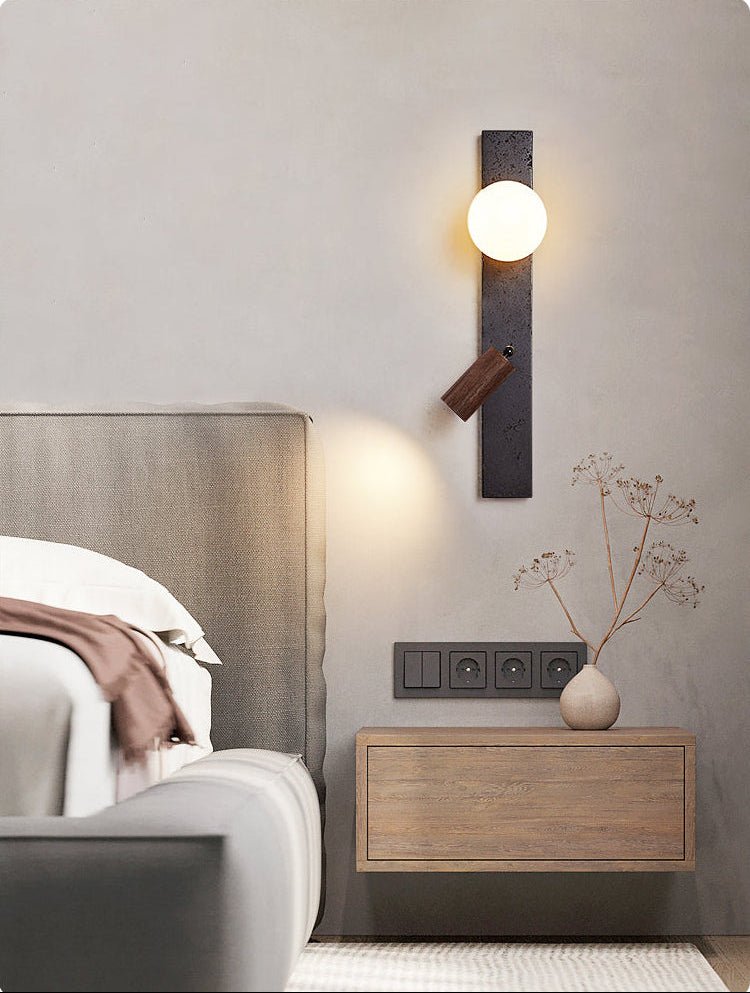 Strato Beam Wall Sconce in Black Travertine and Walnut with Opal Glass