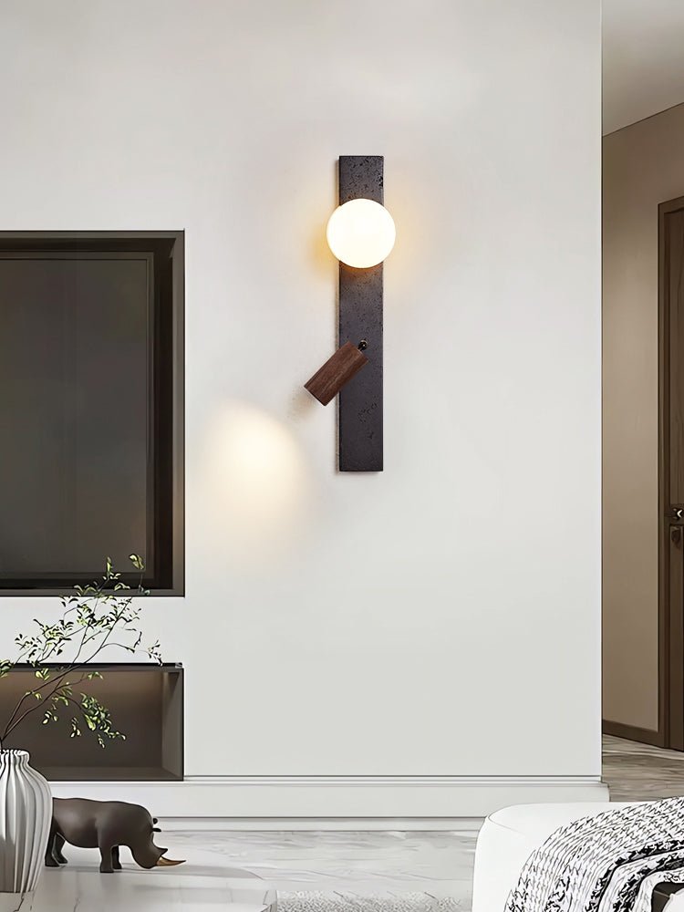 Strato Beam Wall Sconce in Black Travertine and Walnut with Opal Glass