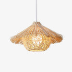 Handwoven Rattan Pendant Light with Iron Frame, Natural Straw Hat Chandelier for Modern Interiors
