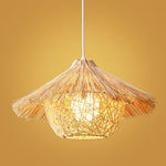 Handwoven Rattan Pendant Light with Iron Frame, Natural Straw Hat Chandelier for Modern Interiors