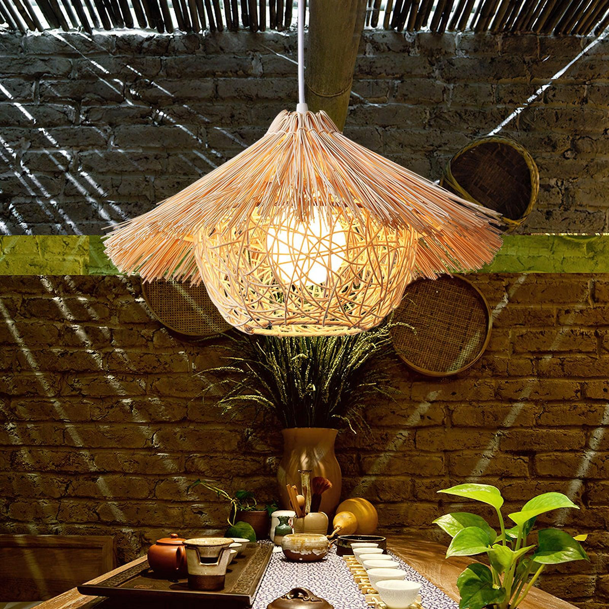 Handwoven Rattan Pendant Light with Iron Frame, Natural Straw Hat Chandelier for Modern Interiors