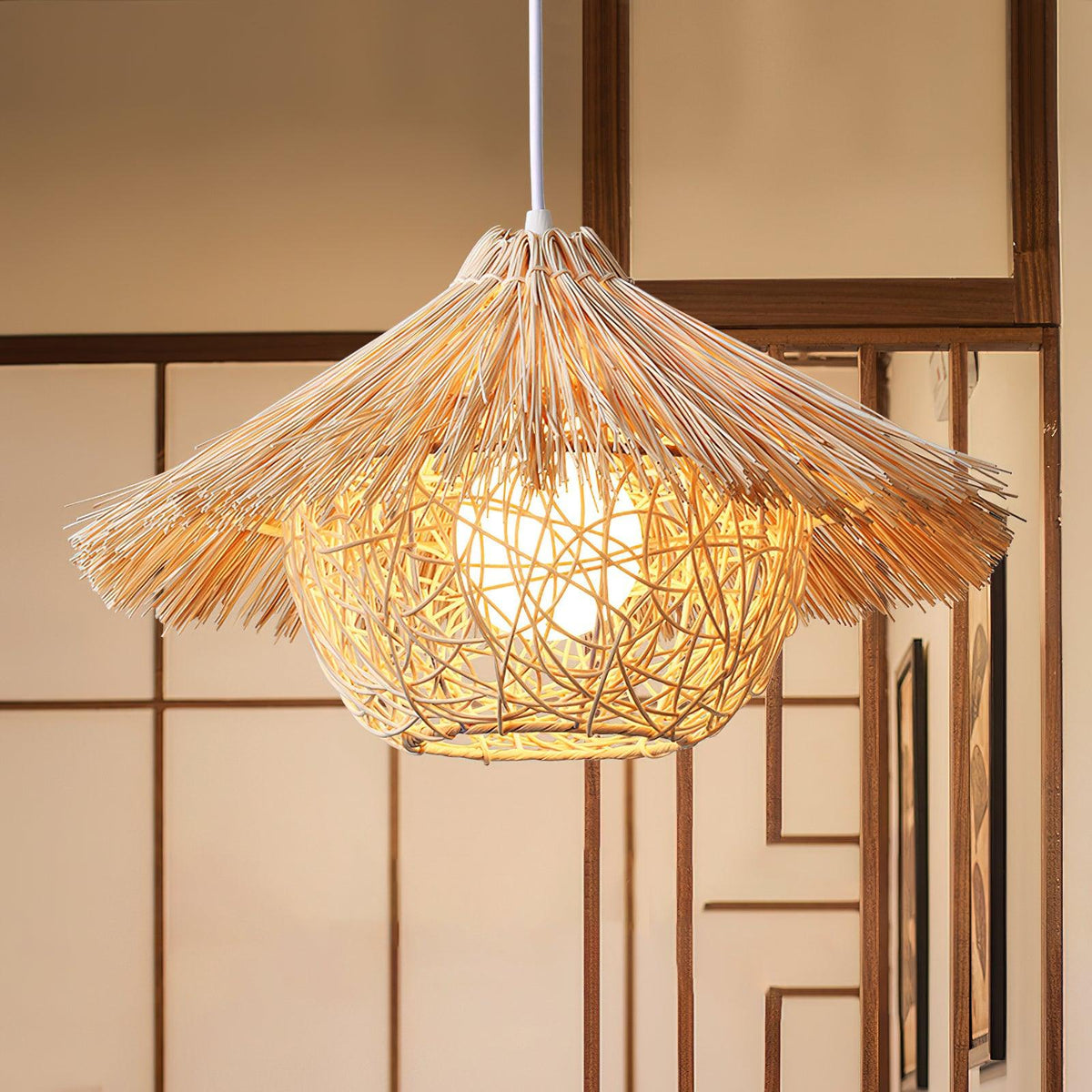 Handwoven Rattan Pendant Light with Iron Frame, Natural Straw Hat Chandelier for Modern Interiors