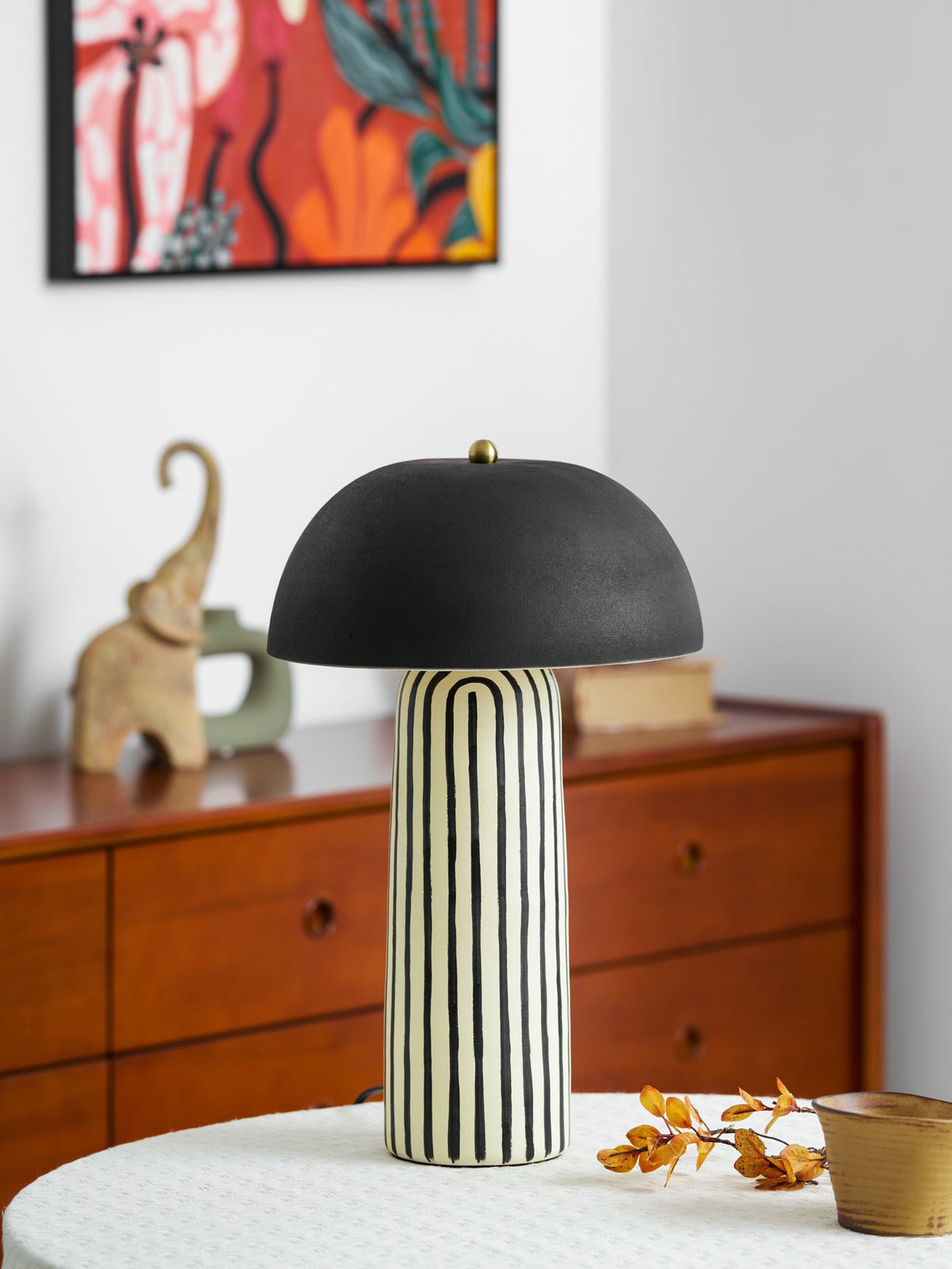 Stria Table Lamp – Hand-Painted Ceramic & Matte Black Dome Shade