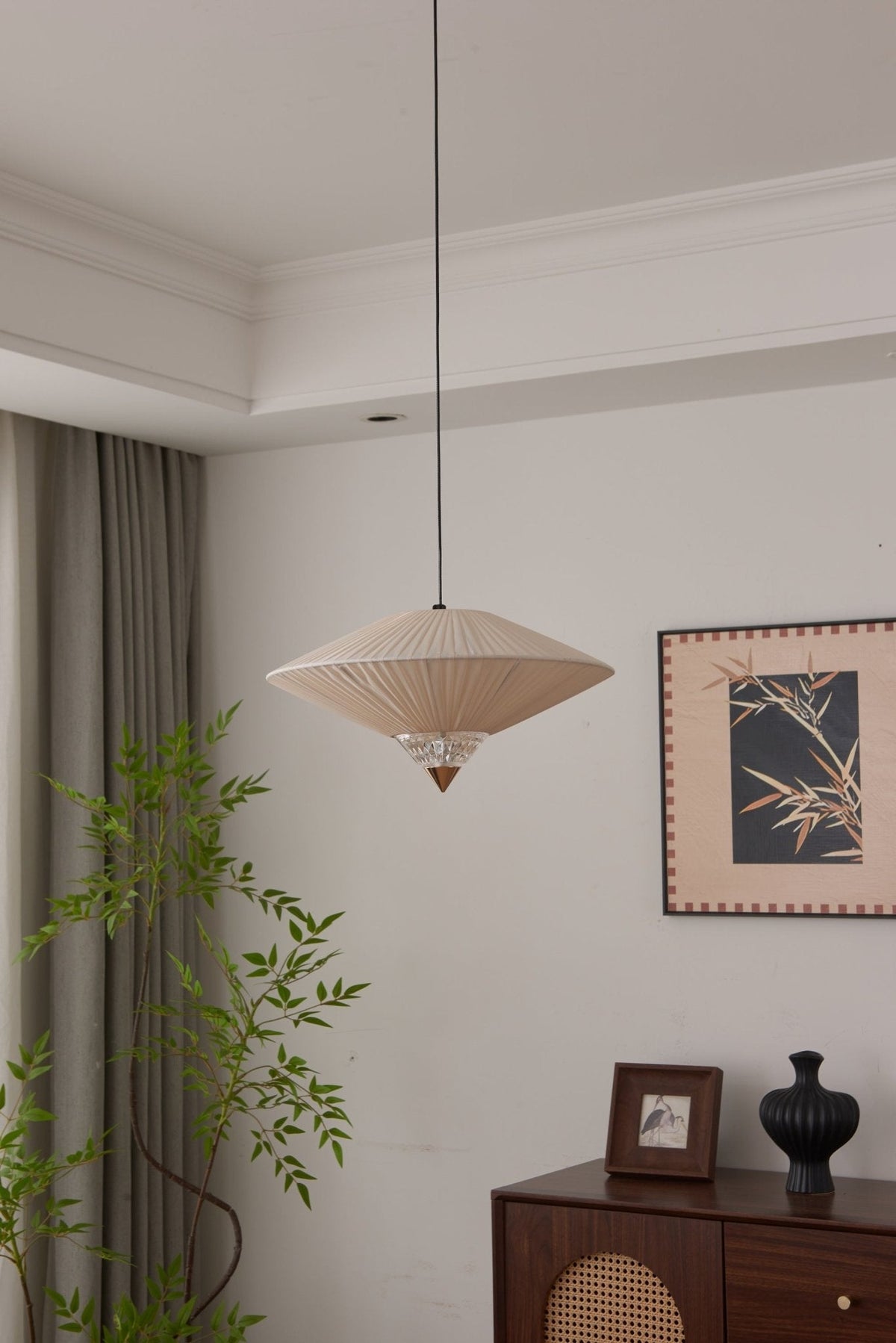 Suki Decorative Pendant Light – Pleated Fabric Shade with Crystal Diffuser