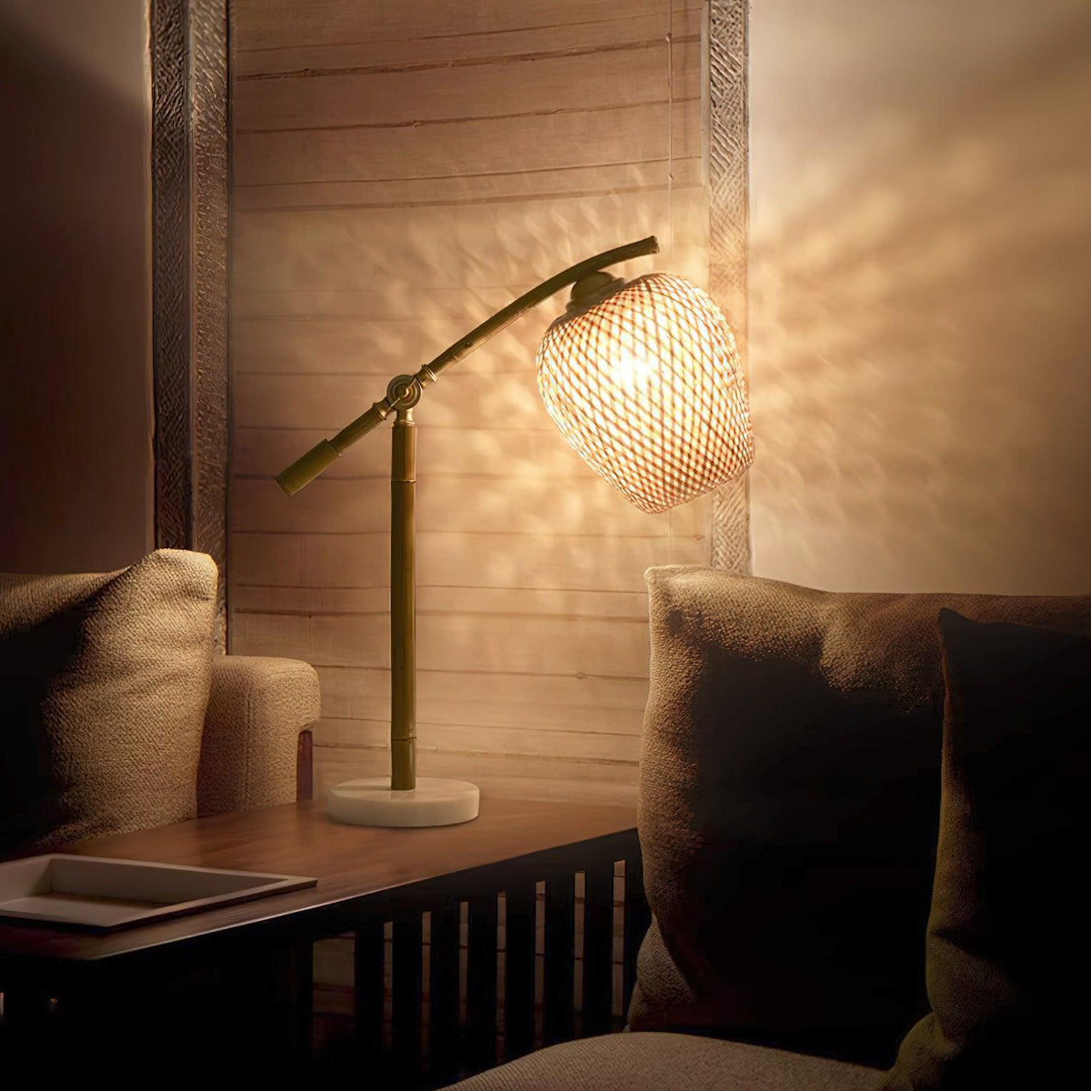Suzhu Zen Table Lamp — Handwoven Bamboo & Marble Ambient Light