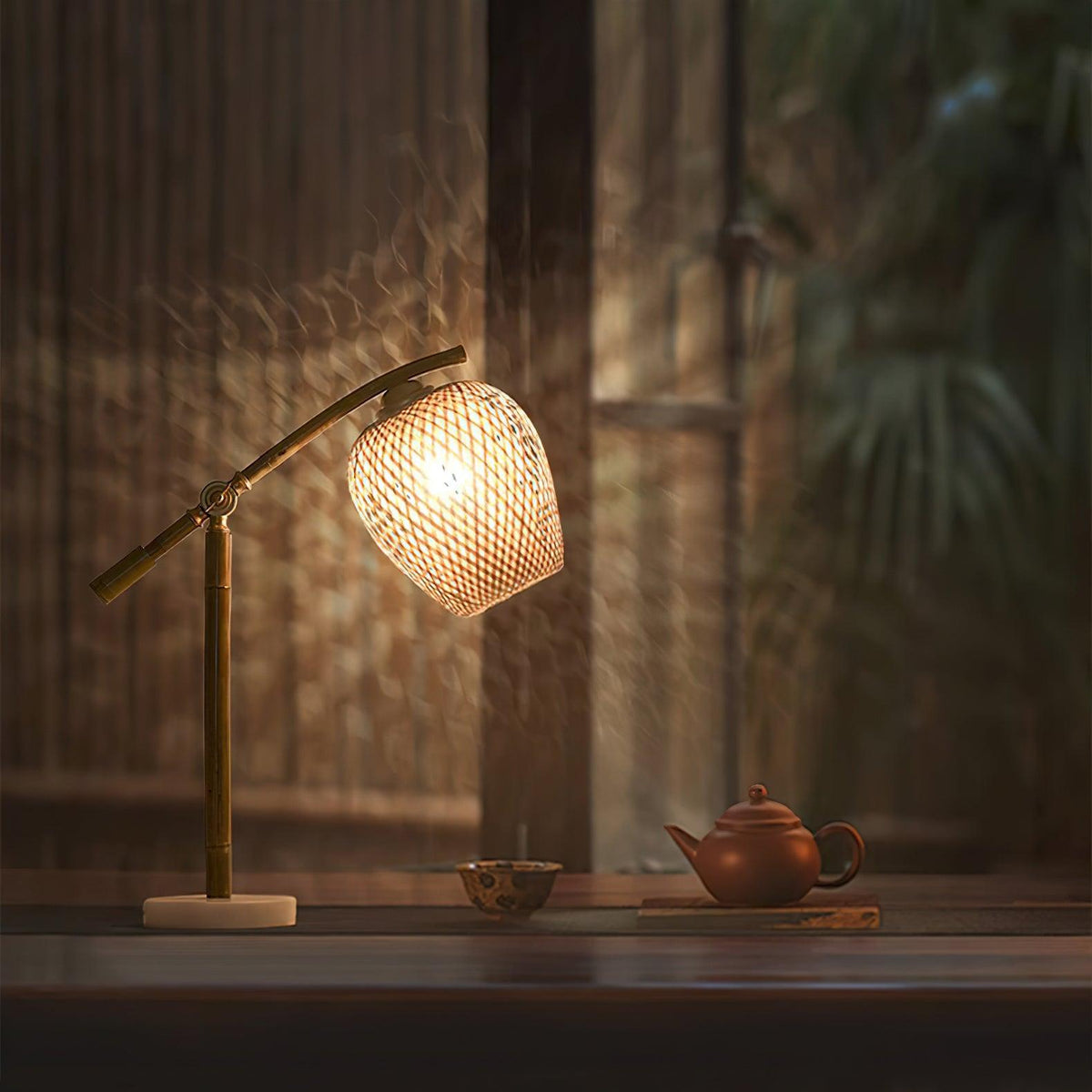 Suzhu Zen Table Lamp — Handwoven Bamboo & Marble Ambient Light