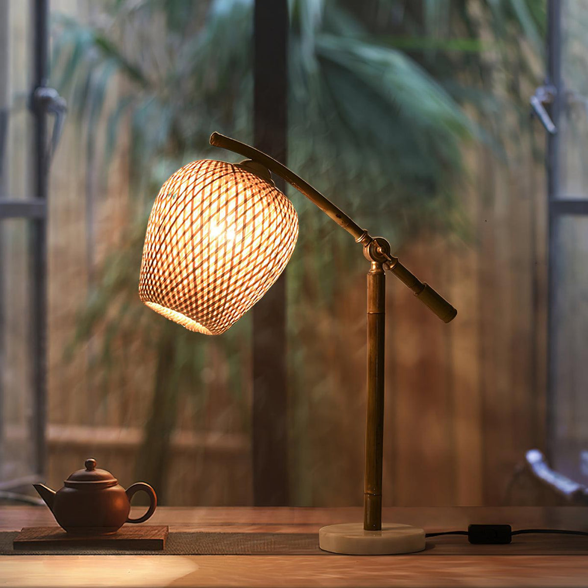 Suzhu Zen Table Lamp — Handwoven Bamboo & Marble Ambient Light