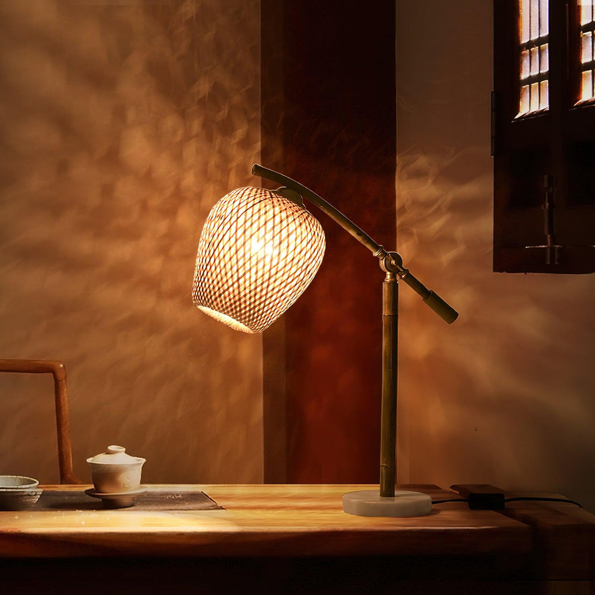 Suzhu Zen Table Lamp — Handwoven Bamboo & Marble Ambient Light