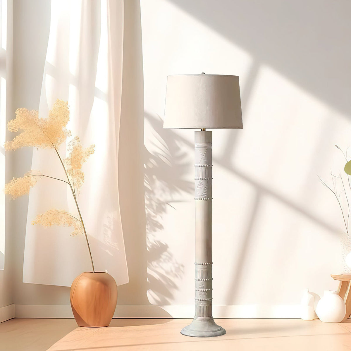 Sylvan Grace Floor Lamp – Carved Wood & Beige Fabric Standing Light