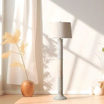 Sylvan Grace Floor Lamp – Carved Wood & Beige Fabric Standing Light