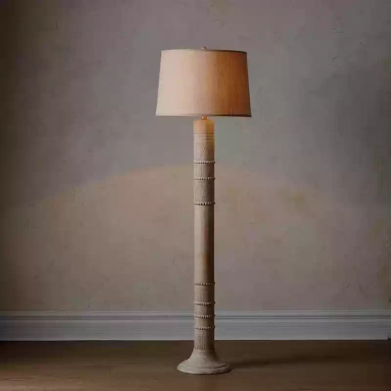 Sylvan Grace Floor Lamp – Carved Wood & Beige Fabric Standing Light