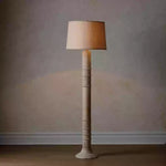 Sylvan Grace Floor Lamp – Carved Wood & Beige Fabric Standing Light