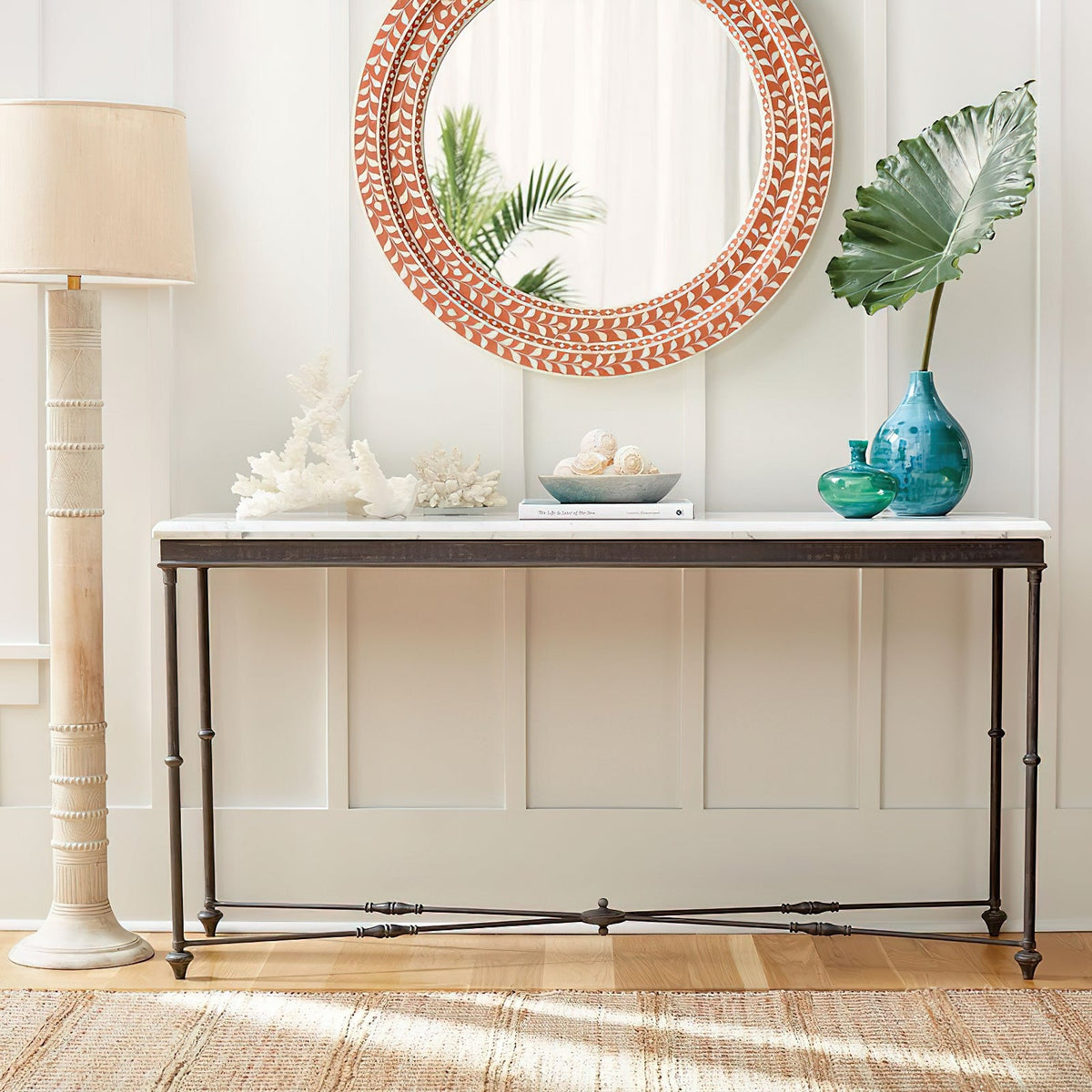 Sylvan Grace Floor Lamp – Carved Wood & Beige Fabric Standing Light