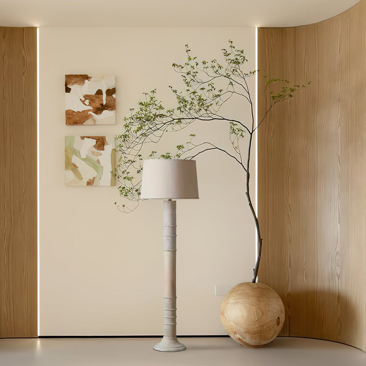 Sylvan Grace Floor Lamp – Carved Wood & Beige Fabric Standing Light