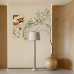 Sylvan Grace Floor Lamp – Carved Wood & Beige Fabric Standing Light